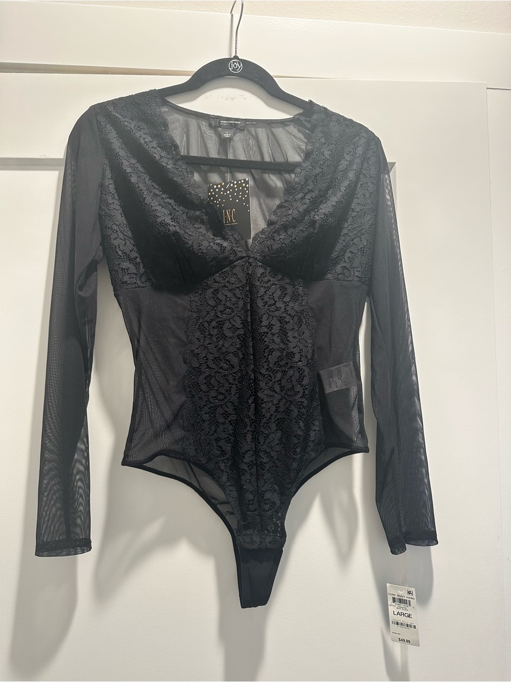 NWT INC International Concepts Black Lace & Mesh Long-Sleeve Bodysuit